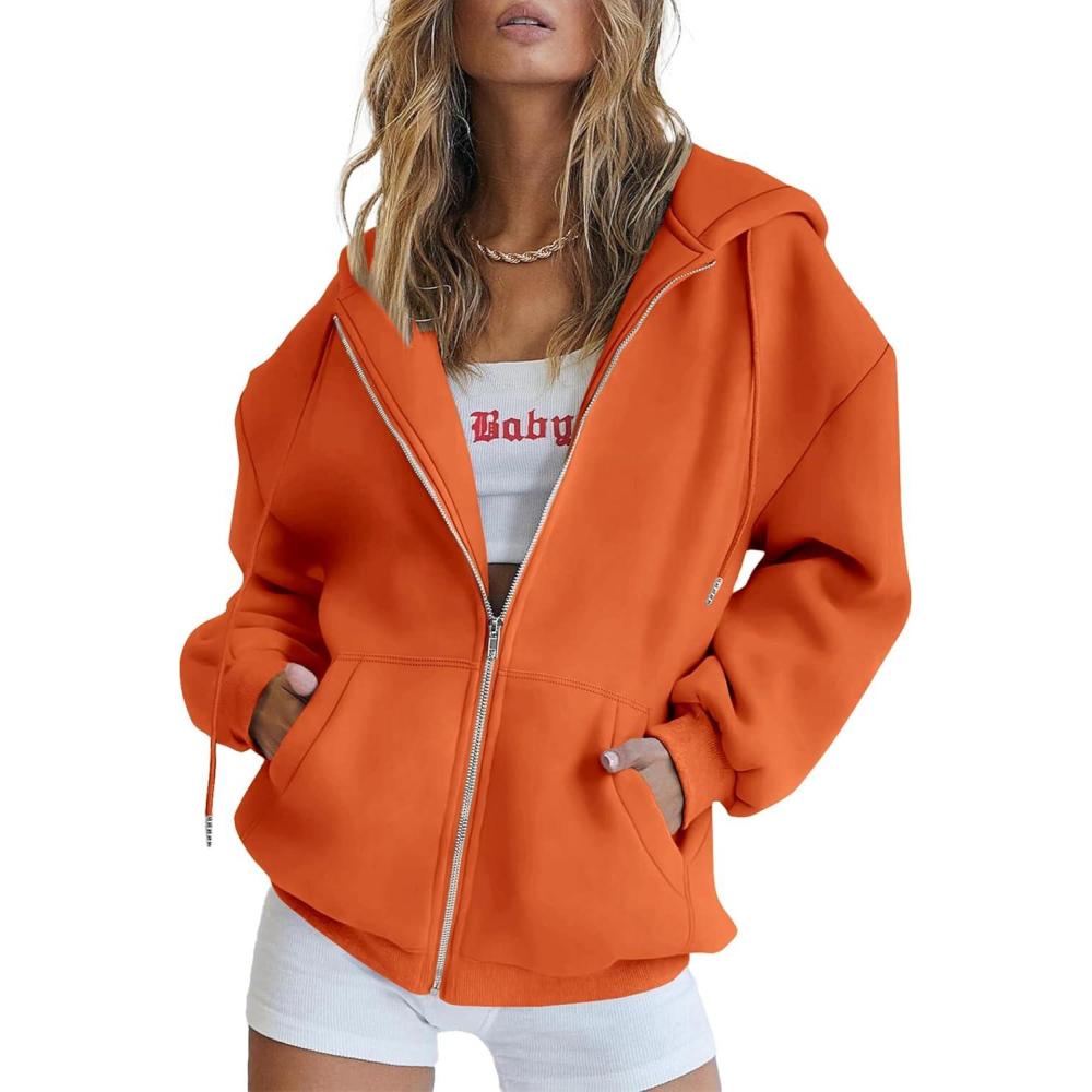 imagePRETTYGARDEN Womens 2026 Zip Up Y2K Hoodies Casual Long Sleeve Sweatshirts Fall Spring Track Jackets with PocketsOrange