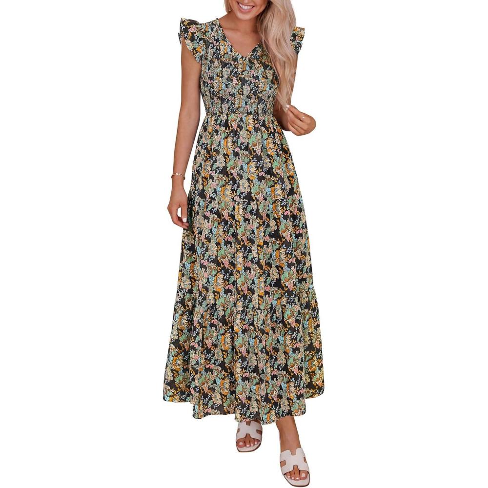 imagePRETTYGARDEN Womens Boho Floral Maxi Dress 2026 Summer Smocked V Neck Ruffle Sleeve Spring Flowy Beach Vacation SundressesBlack