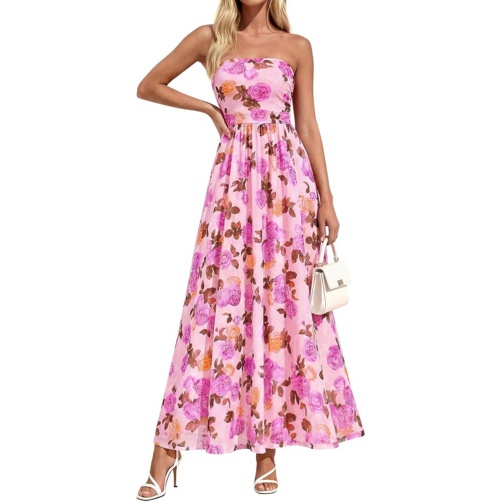 imagePRETTYGARDEN Womens Boho Maxi Dress 2026 Summer Floral Tube Strapless Spring Wedding Guest Cocktail Long DressesFloral Apricot Pink