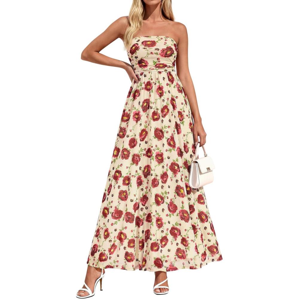 imagePRETTYGARDEN Womens Boho Maxi Dress 2026 Summer Floral Tube Strapless Spring Wedding Guest Cocktail Long DressesFloral Apricot Red