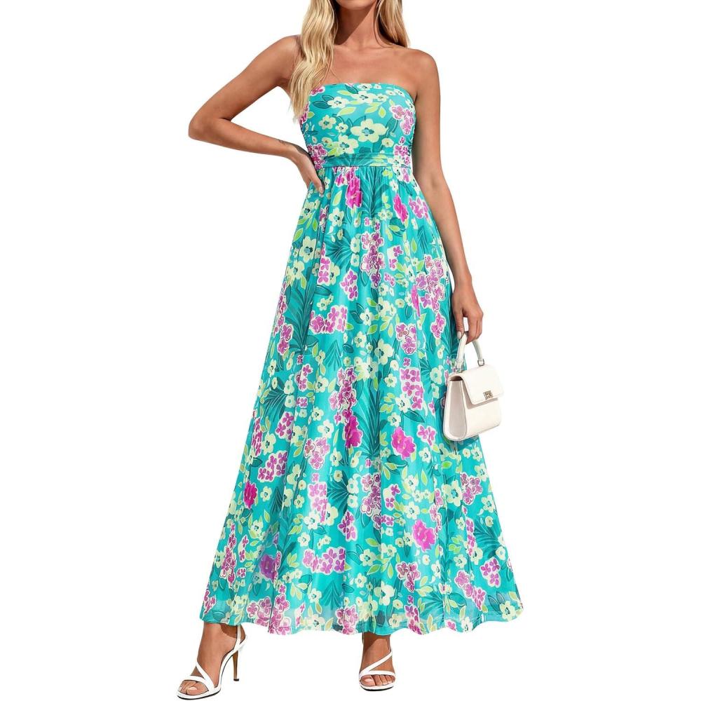 imagePRETTYGARDEN Womens Boho Maxi Dress 2026 Summer Floral Tube Strapless Spring Wedding Guest Cocktail Long DressesFloral Blue Green
