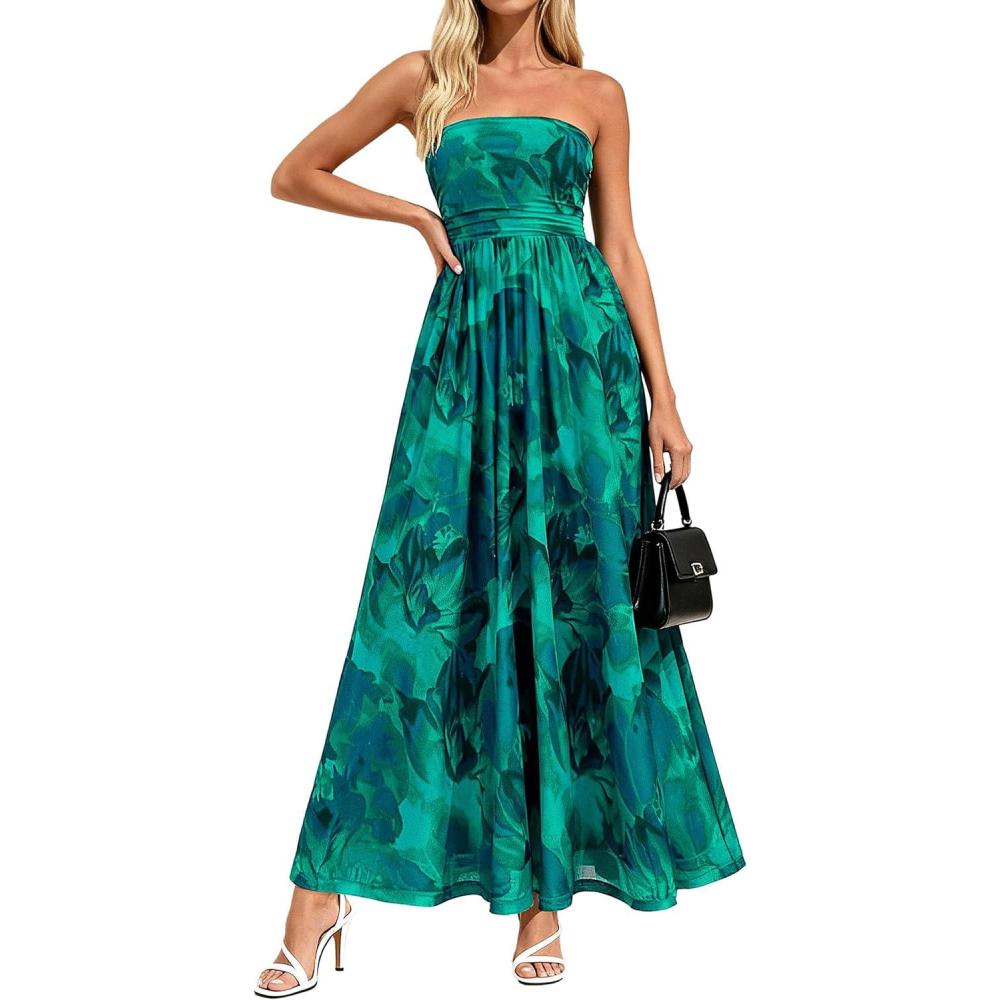 imagePRETTYGARDEN Womens Boho Maxi Dress 2026 Summer Floral Tube Strapless Spring Wedding Guest Cocktail Long DressesFloral Green