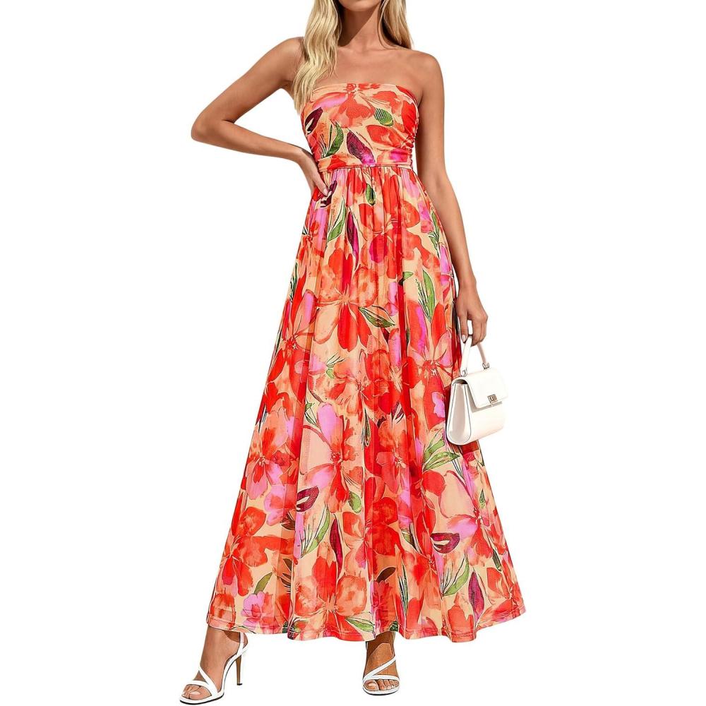 imagePRETTYGARDEN Womens Boho Maxi Dress 2026 Summer Floral Tube Strapless Spring Wedding Guest Cocktail Long DressesFloral Orange
