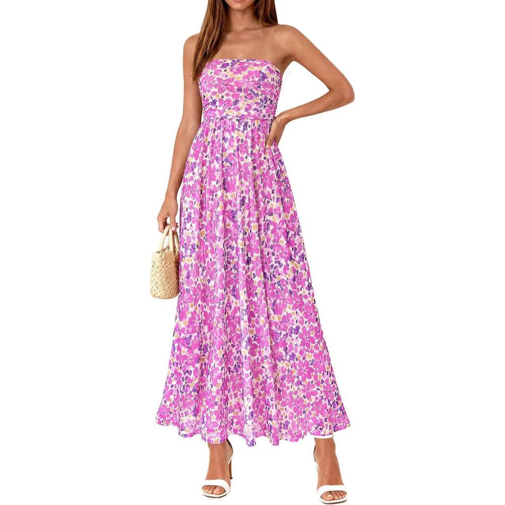 imagePRETTYGARDEN Womens Boho Maxi Dress 2026 Summer Floral Tube Strapless Spring Wedding Guest Cocktail Long DressesFloral Purple