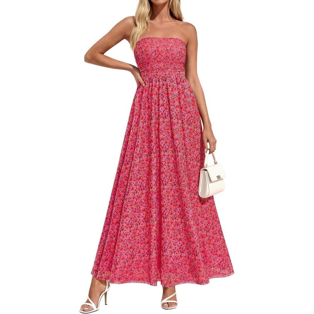 imagePRETTYGARDEN Womens Boho Maxi Dress 2026 Summer Floral Tube Strapless Spring Wedding Guest Cocktail Long DressesFloral Red