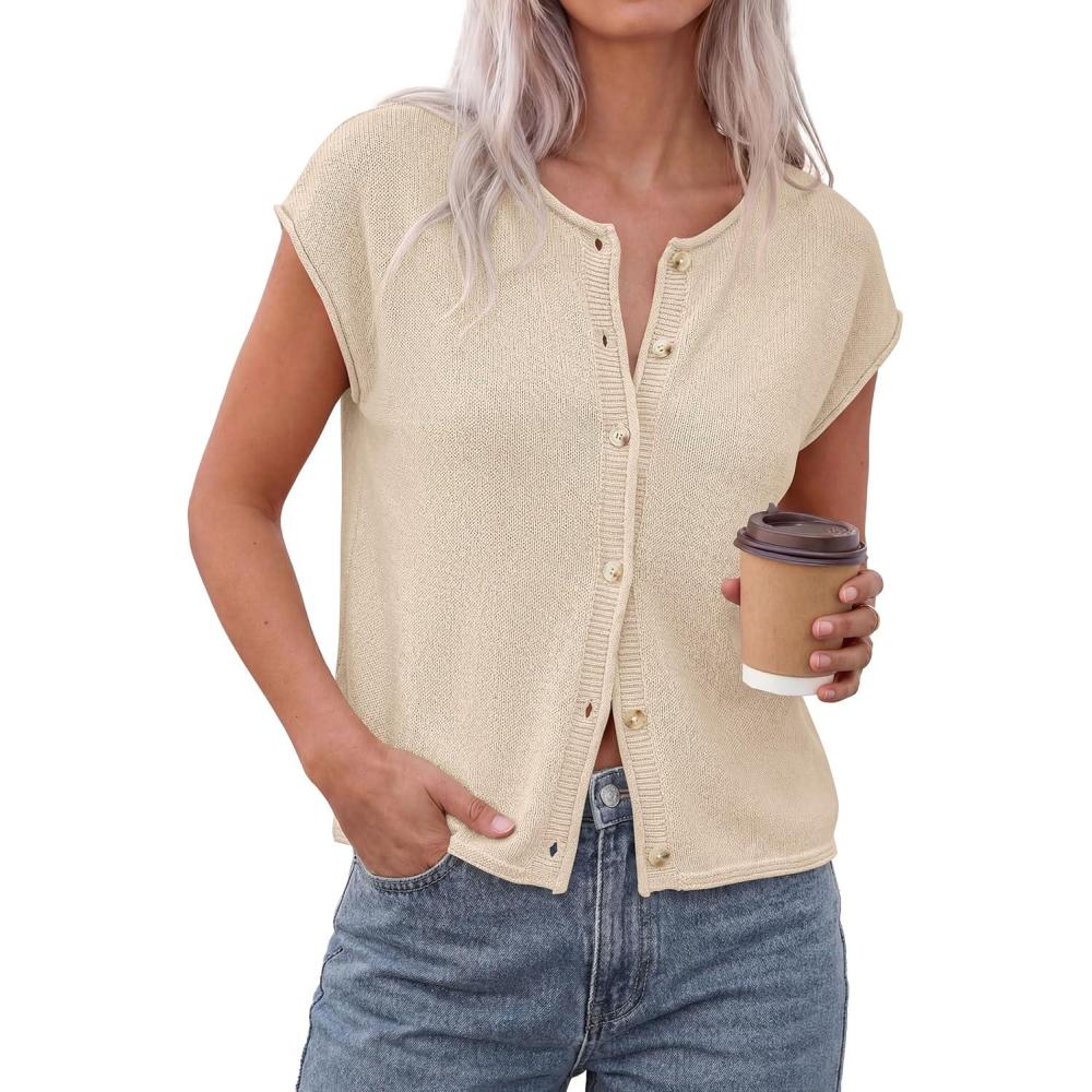 imagePRETTYGARDEN Womens Cap Short Sleeve Sweater Vest 2026 Spring Summer Lightweight Button Down Cardigans Trendy Loose TopsBeige