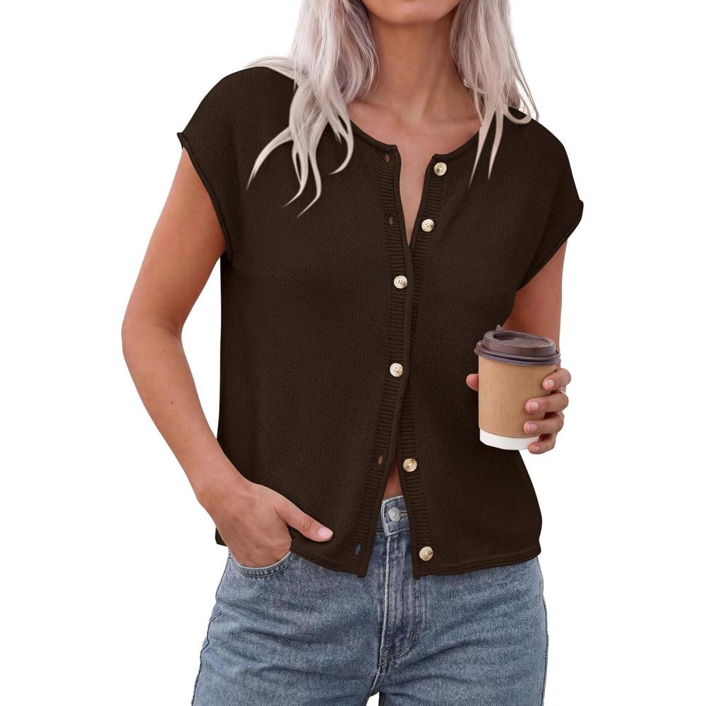 imagePRETTYGARDEN Womens Cap Short Sleeve Sweater Vest 2026 Spring Summer Lightweight Button Down Cardigans Trendy Loose TopsBrown