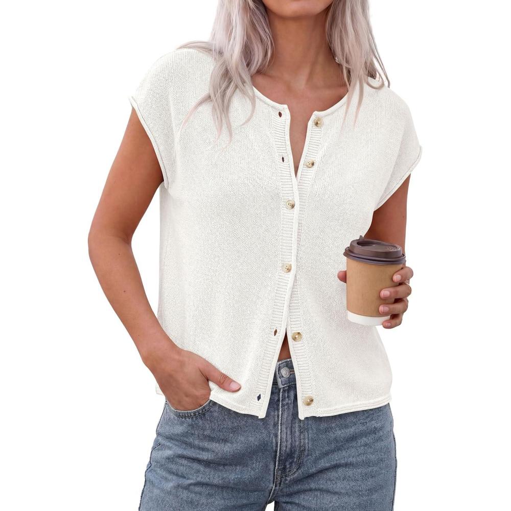 imagePRETTYGARDEN Womens Cap Short Sleeve Sweater Vest 2026 Spring Summer Lightweight Button Down Cardigans Trendy Loose TopsWhite