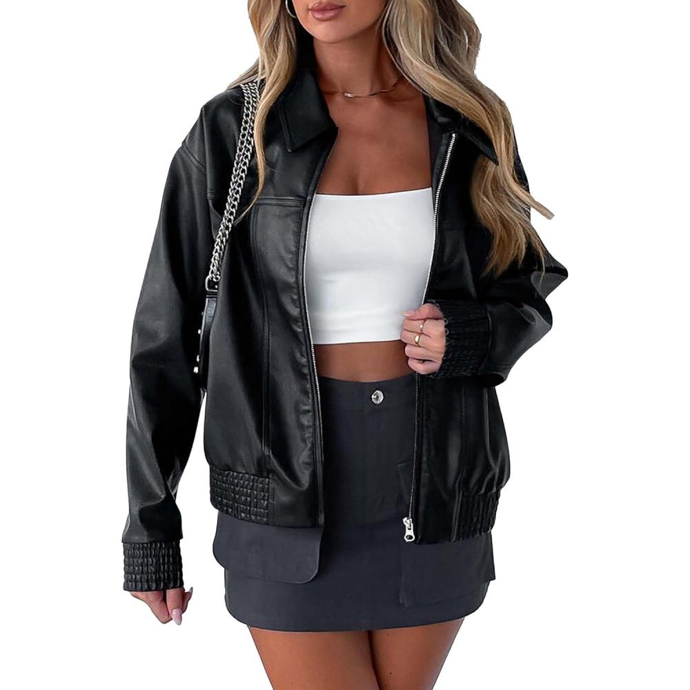imagePRETTYGARDEN Womens Faux Leather Jackets 2025 Fall Long Sleeve Bomber Jacket Zip Up Motorcycle Coats Winter ClothesBlack