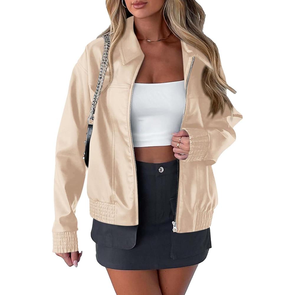 imagePRETTYGARDEN Womens Faux Leather Jackets 2025 Fall Long Sleeve Bomber Jacket Zip Up Motorcycle Coats Winter ClothesLight Khaki