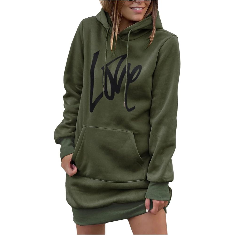 imagePRETTYGARDEN Womens Hooded Sweatshirt Fall Fashion Drawstring Lightweight Long Sleeve Pullover Hoodie DressArmy Green