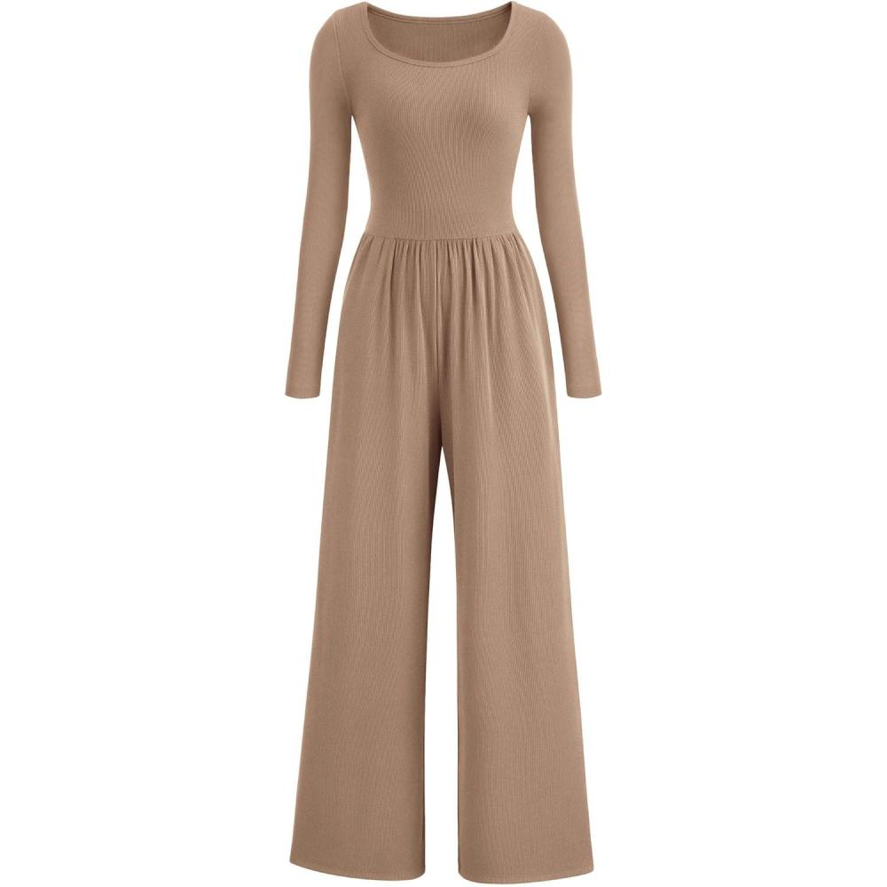 imagePRETTYGARDEN Womens Jumpsuits Dressy Casual Fall Fashion 2025 Trendy Long Sleeve Wide Leg Rompers Spring Work Office OutfitsKhaki