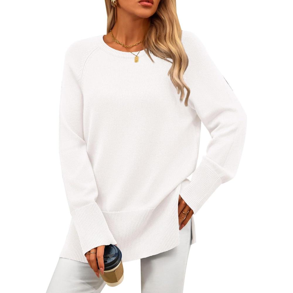 imagePRETTYGARDEN Womens Knit Fall Sweaters Long Sleeve Pullover Crewneck Split Hem Oversized Tunic Sweater Tops Winter ClothingWhite