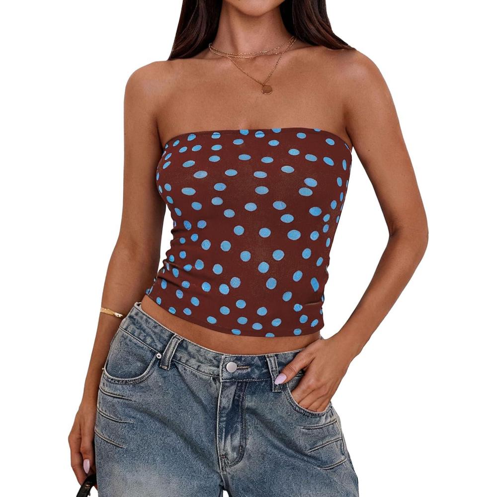 imagePRETTYGARDEN Womens Mesh Floral Strapless Bandeau Crop TopDot Brown Blue