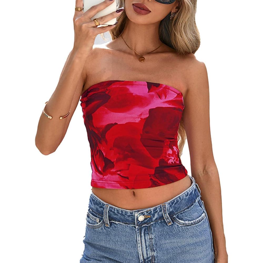 imagePRETTYGARDEN Womens Mesh Floral Strapless Bandeau Crop TopRed