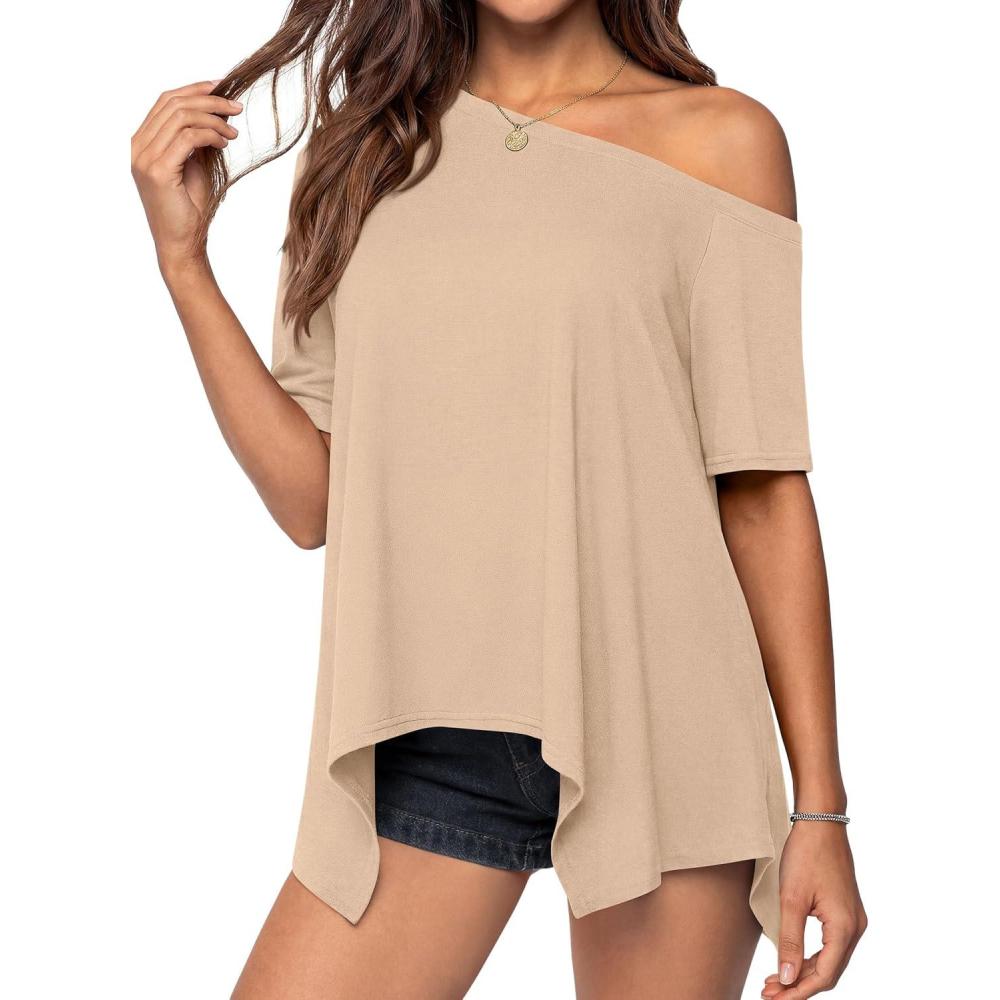 imagePRETTYGARDEN Womens Off The Shoulder Summer Tops Short Sleeve Tunic Blouse 2026 Casual Spring Asymmetrical Oversized TshirtsBeige