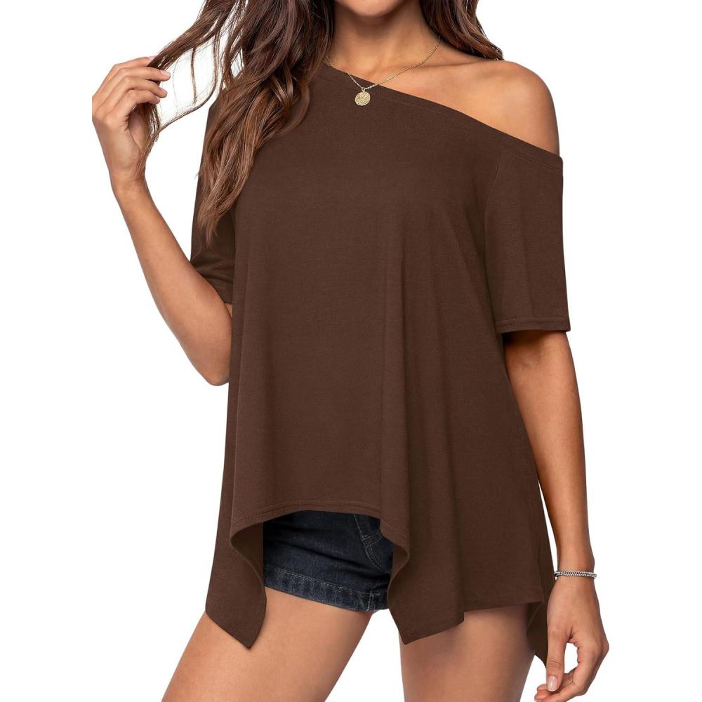 imagePRETTYGARDEN Womens Off The Shoulder Summer Tops Short Sleeve Tunic Blouse 2026 Casual Spring Asymmetrical Oversized TshirtsBrown