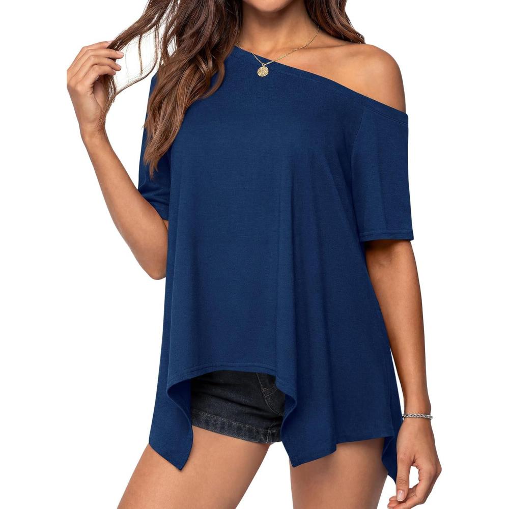 imagePRETTYGARDEN Womens Off The Shoulder Summer Tops Short Sleeve Tunic Blouse 2026 Casual Spring Asymmetrical Oversized TshirtsDusty Blue