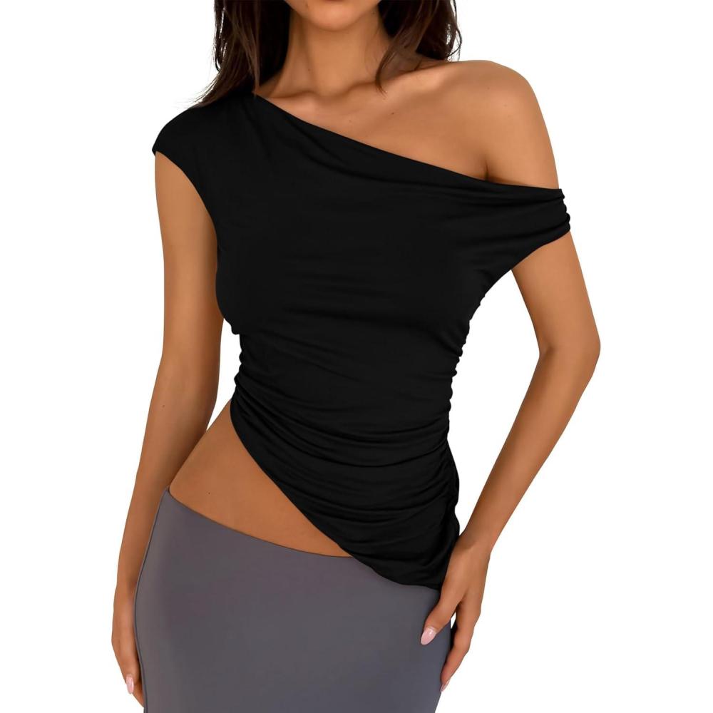 imagePRETTYGARDEN Womens Off The Shoulder Y2K Tops 2026 Summer Sleeveless Asymmetrical Ruched Going Out Tank Top Fashion ClothingBlack