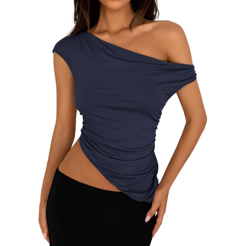 imagePRETTYGARDEN Womens Off The Shoulder Y2K Tops 2026 Summer Sleeveless Asymmetrical Ruched Going Out Tank Top Fashion ClothingNavy