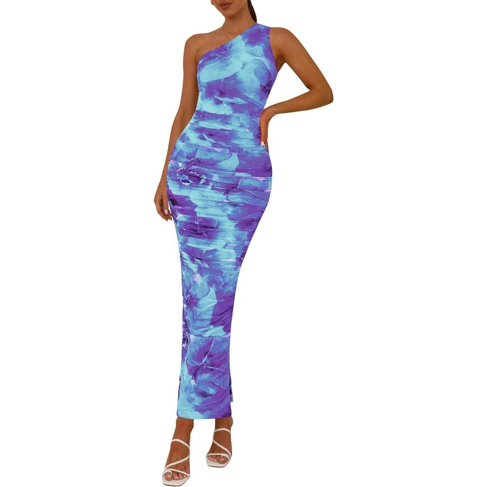 imagePRETTYGARDEN Womens One Shoulder Bodycon Dresses Summer 2026 Ruched Floral Beach Cocktail Wedding Guest DressFloral Blue