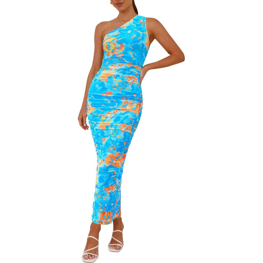 imagePRETTYGARDEN Womens One Shoulder Bodycon Dresses Summer 2026 Ruched Floral Beach Cocktail Wedding Guest DressFloral Light Blue