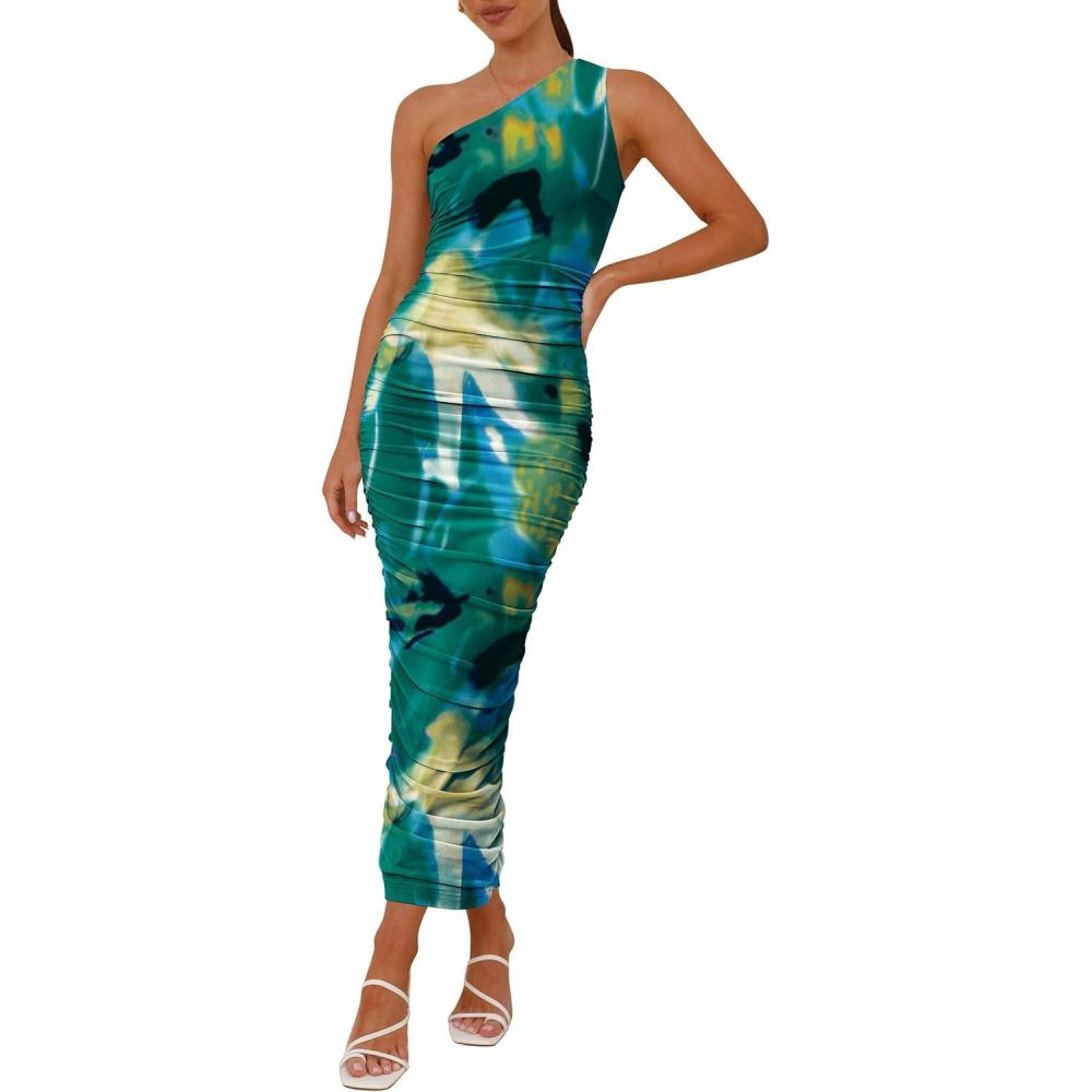 imagePRETTYGARDEN Womens One Shoulder Bodycon Dresses Summer 2026 Ruched Floral Beach Cocktail Wedding Guest DressGreen Floral