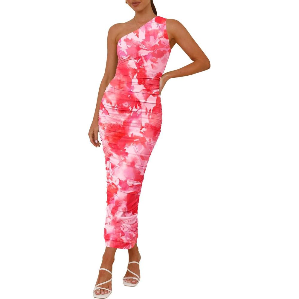 imagePRETTYGARDEN Womens One Shoulder Bodycon Dresses Summer 2026 Ruched Floral Beach Cocktail Wedding Guest DressPink