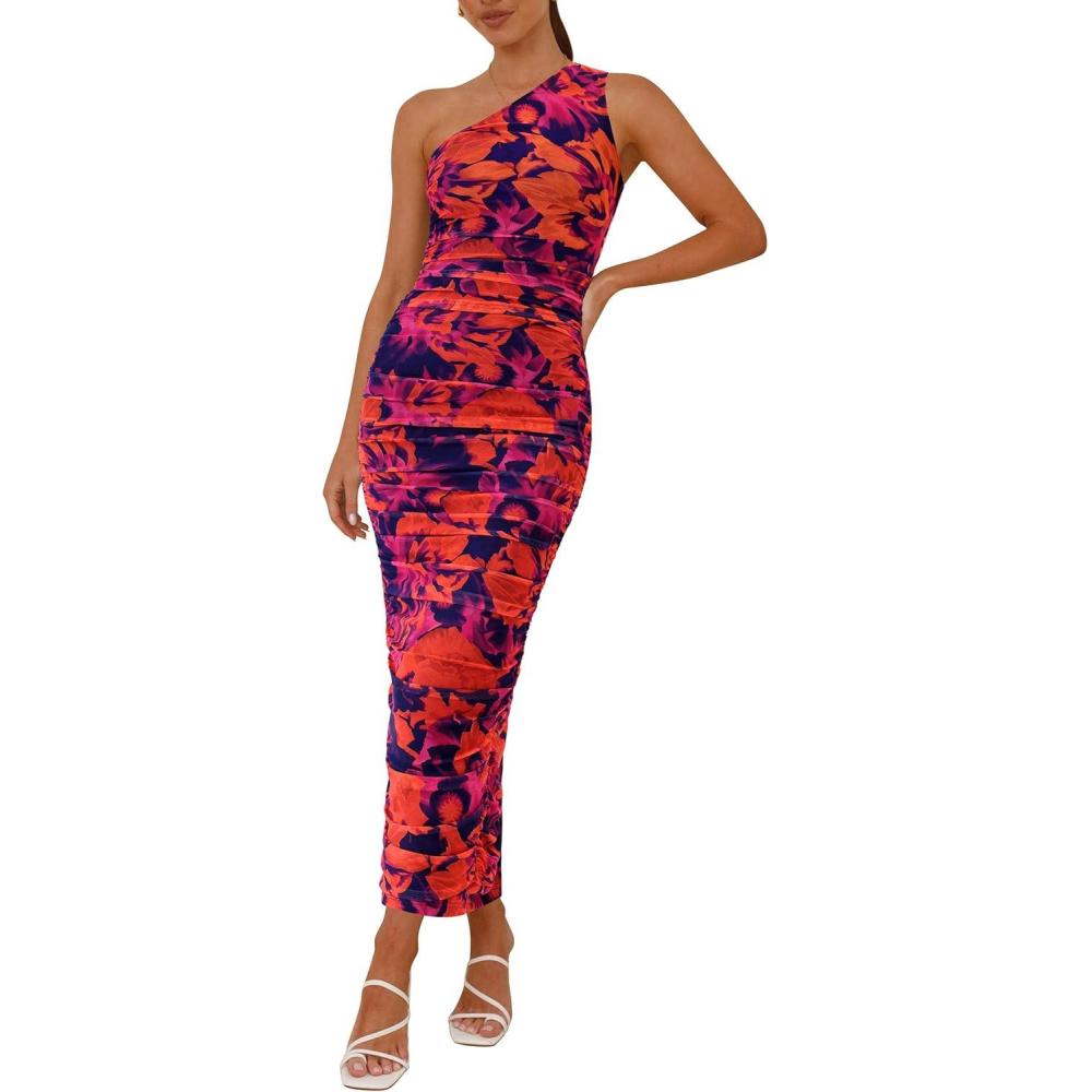 imagePRETTYGARDEN Womens One Shoulder Bodycon Dresses Summer 2026 Ruched Floral Beach Cocktail Wedding Guest DressPurple Orange