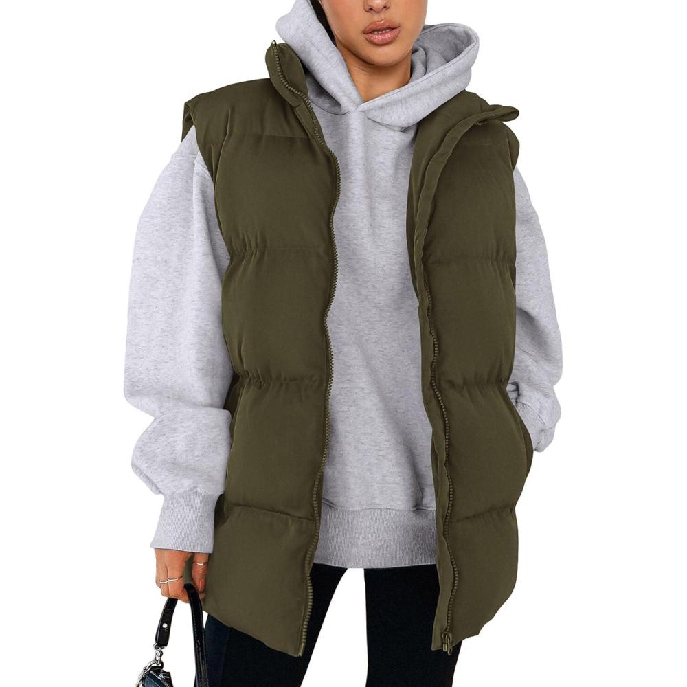 imagePRETTYGARDEN Womens Puffer Jacket Vests 2026 Fall Casual Sleeveless Stand Collar Zip Up Coats Warm Winter OuterwearArmy Green