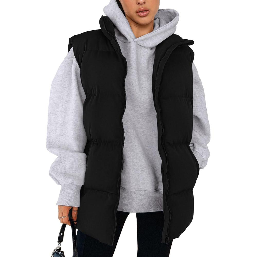 imagePRETTYGARDEN Womens Puffer Jacket Vests 2026 Fall Casual Sleeveless Stand Collar Zip Up Coats Warm Winter OuterwearBlack
