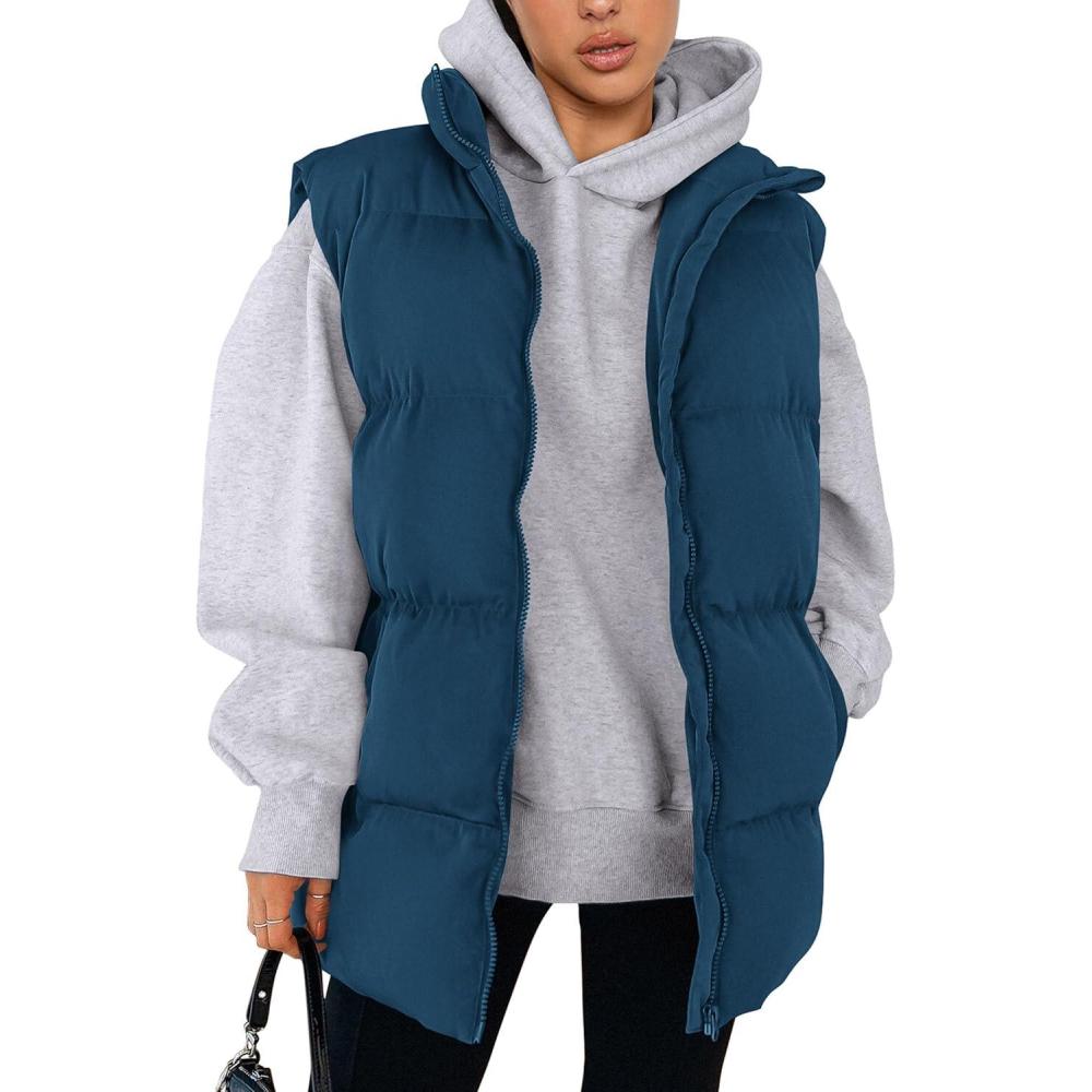 imagePRETTYGARDEN Womens Puffer Jacket Vests 2026 Fall Casual Sleeveless Stand Collar Zip Up Coats Warm Winter OuterwearDark Blue