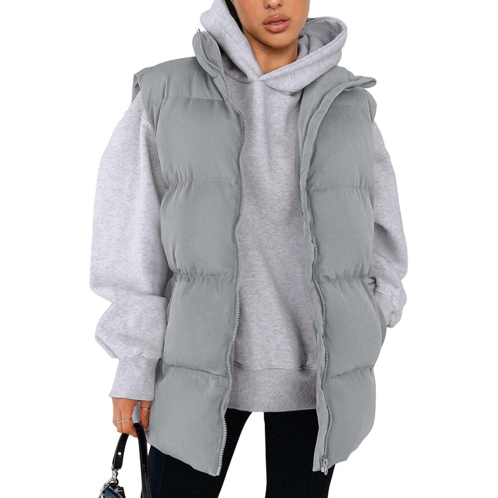 imagePRETTYGARDEN Womens Puffer Jacket Vests 2026 Fall Casual Sleeveless Stand Collar Zip Up Coats Warm Winter OuterwearLight Grey