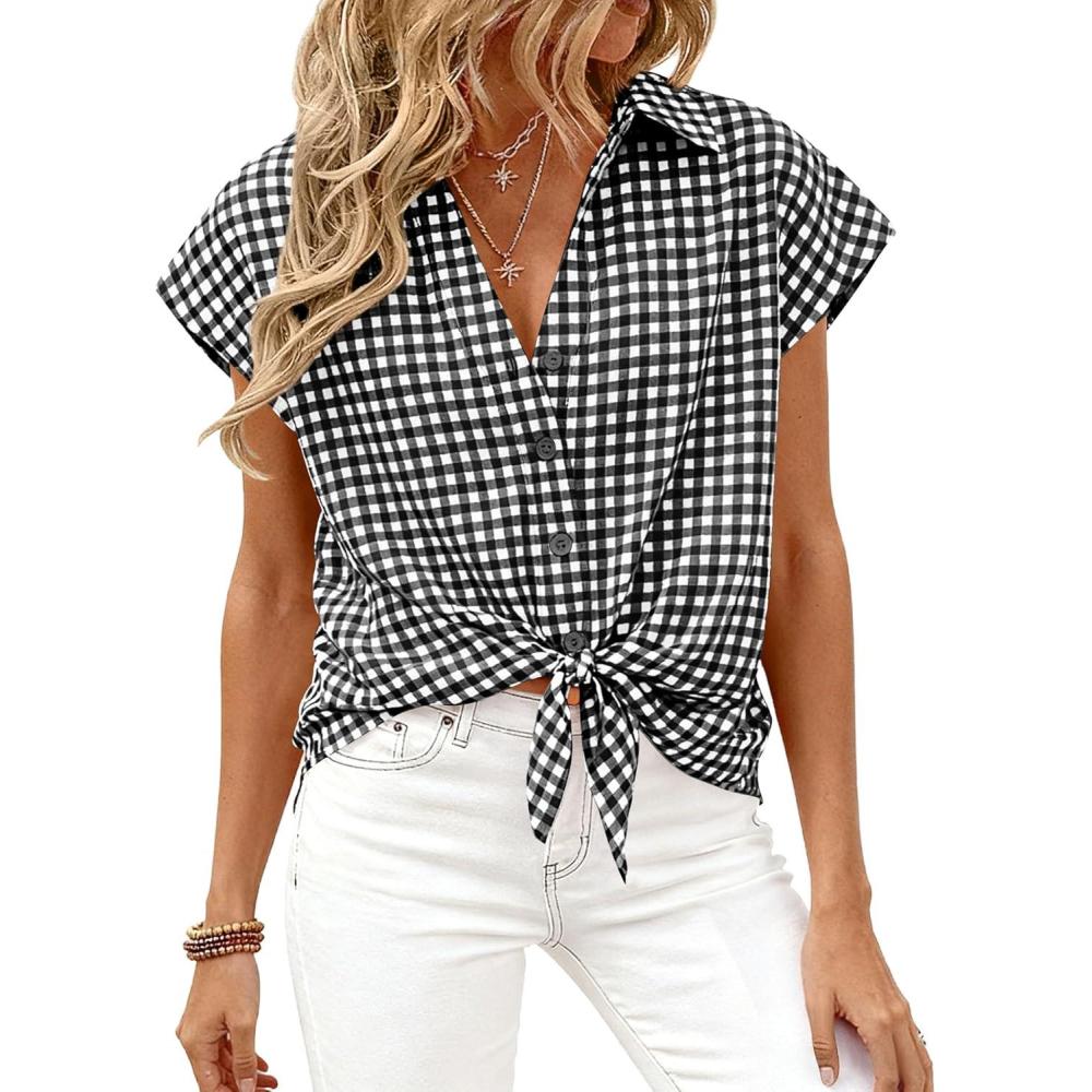 imagePRETTYGARDEN Womens Short Sleeve Shirts Plaid Button Down Blouse Dressy Casual 2026 Summer Spring Business Gingham Work TopsBlack