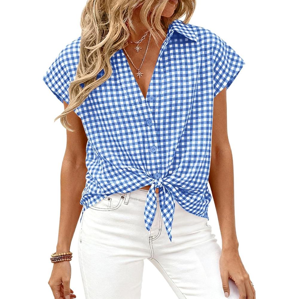 imagePRETTYGARDEN Womens Short Sleeve Shirts Plaid Button Down Blouse Dressy Casual 2026 Summer Spring Business Gingham Work TopsBlue