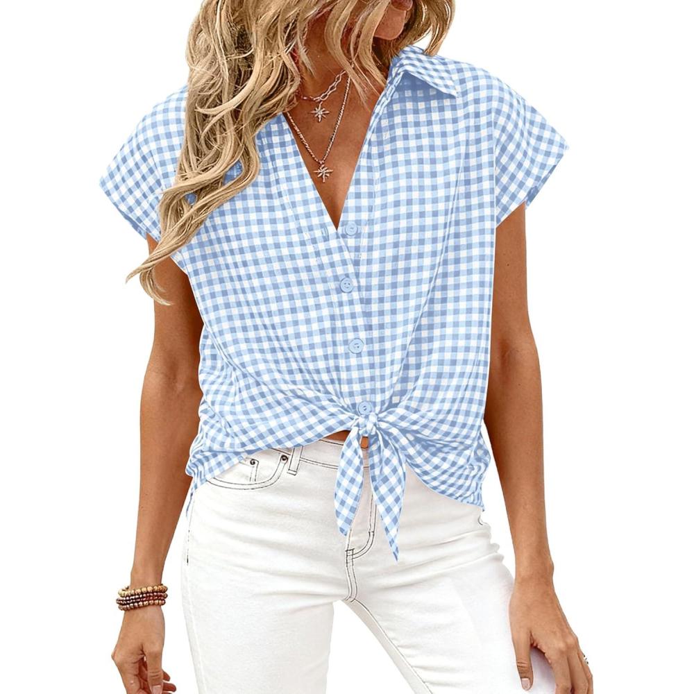 imagePRETTYGARDEN Womens Short Sleeve Shirts Plaid Button Down Blouse Dressy Casual 2026 Summer Spring Business Gingham Work TopsLight Blue