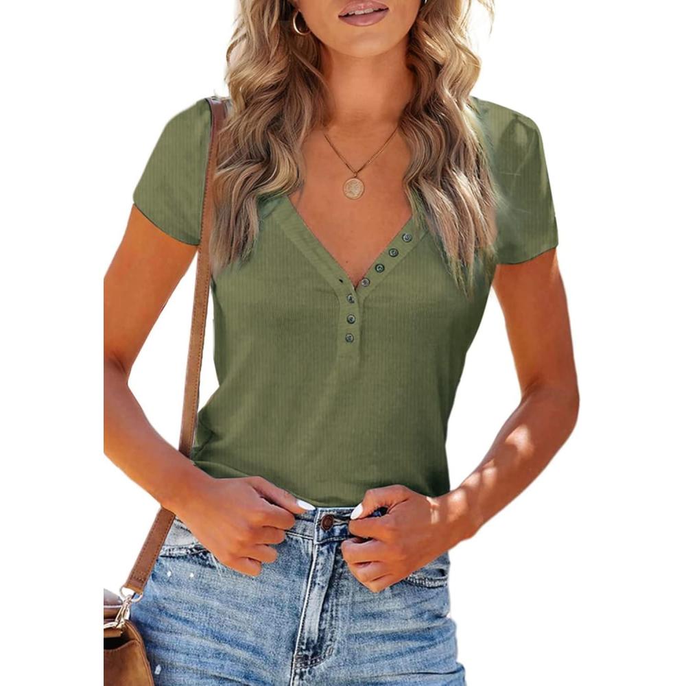 imagePRETTYGARDEN Womens Summer Casual Henley TShirts Short Sleeve V Neck Button Up Ribbed Knit Slim Fit Basic TopsGreen