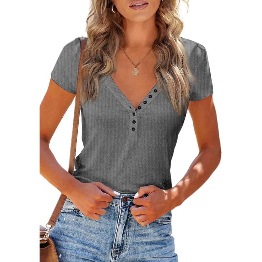 imagePRETTYGARDEN Womens Summer Casual Henley TShirts Short Sleeve V Neck Button Up Ribbed Knit Slim Fit Basic TopsGrey