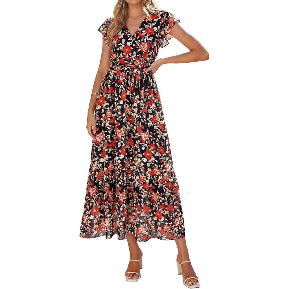 imagePRETTYGARDEN Womens Summer Floral Boho Maxi Dress Short Sleeve Wrap V Neck Ruffle Long Flowy Beach Wedding Guest DressesBlack Red Floral