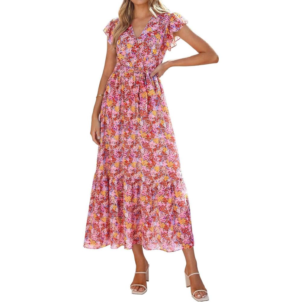 imagePRETTYGARDEN Womens Summer Floral Boho Maxi Dress Short Sleeve Wrap V Neck Ruffle Long Flowy Beach Wedding Guest DressesWine Red Floral