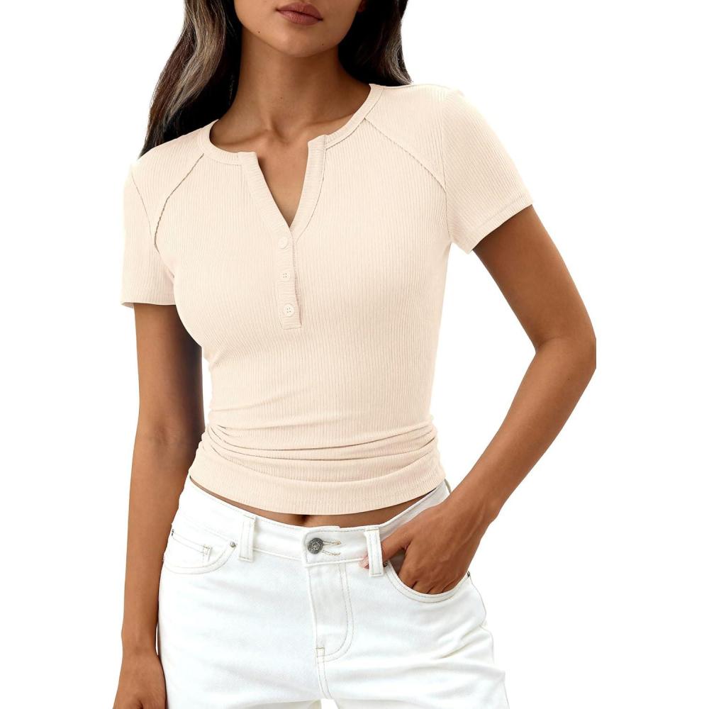 imagePRETTYGARDEN Womens Summer Short Sleeve Tops 2026 Spring Basic Tees V Neck Button Up Henley T Shirts Fitted Ribbed BlousesBeige