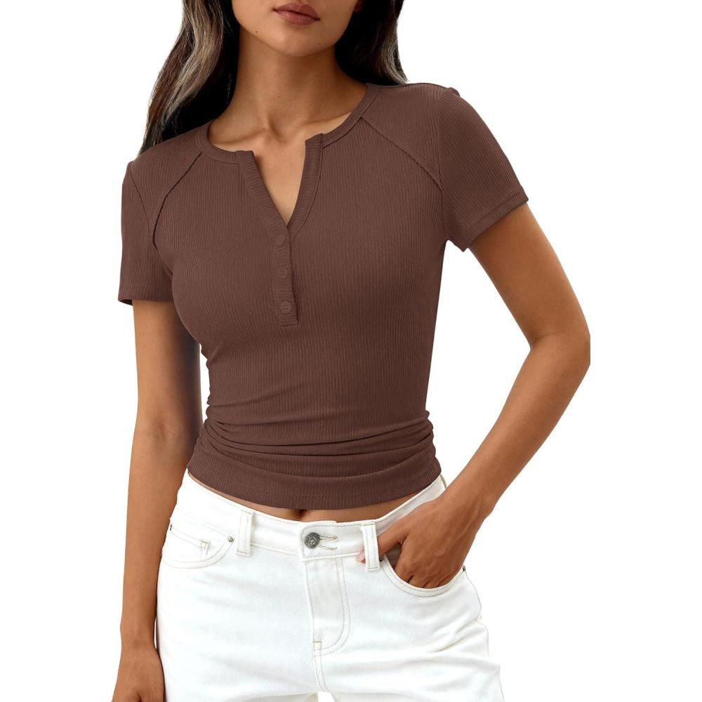 imagePRETTYGARDEN Womens Summer Short Sleeve Tops 2026 Spring Basic Tees V Neck Button Up Henley T Shirts Fitted Ribbed BlousesBrown
