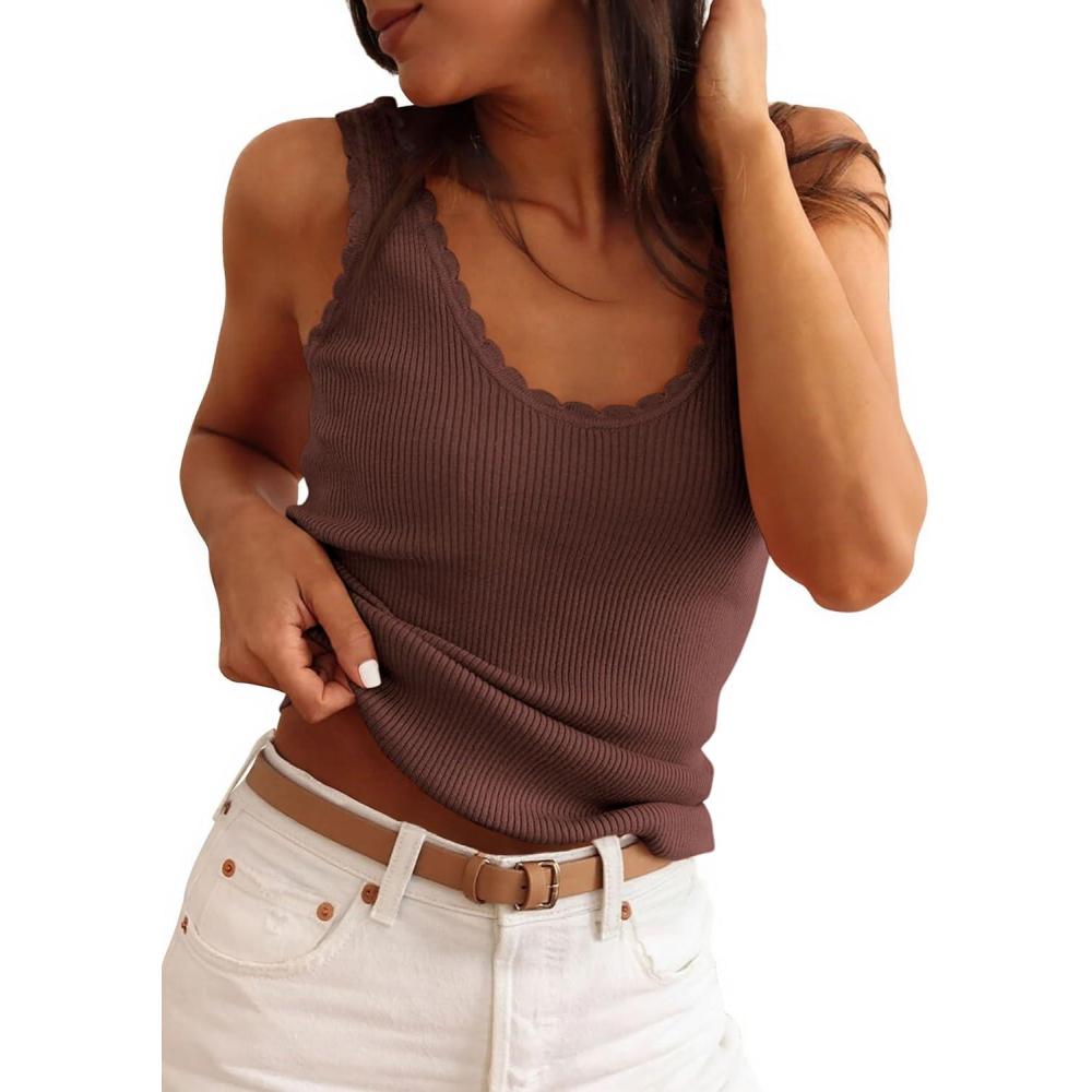 imagePRETTYGARDEN Womens Summer Sleeveless Tank Tops 2026 V Neck Ruffle Lightweight Ribbed Knit Shirt Casual Going Out TopDark Brown