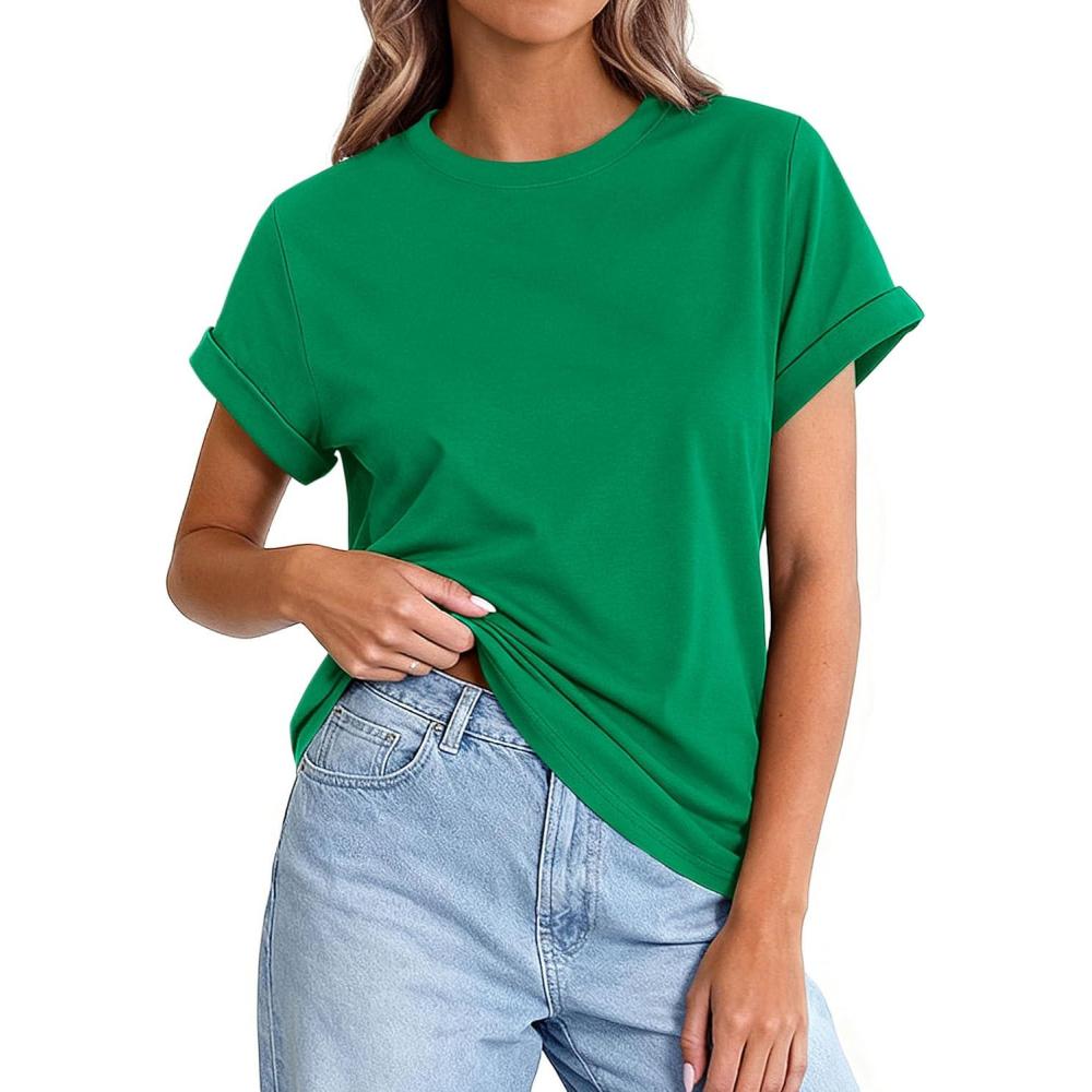 imagePRETTYGARDEN Womens Summer Tops 2026 Spring Casual Rolled Short Sleeve Basic Tees Crew Neck Work Shirts Fashion ClothingGreen