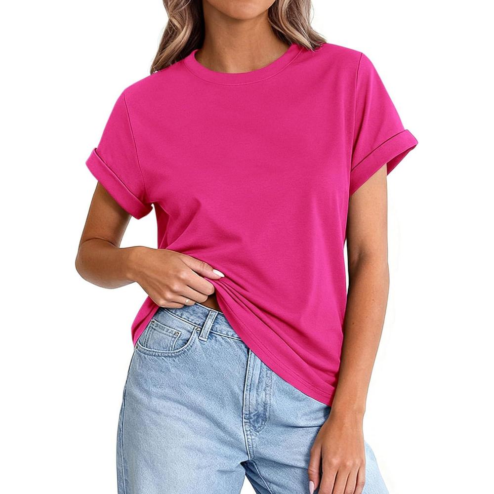 imagePRETTYGARDEN Womens Summer Tops 2026 Spring Casual Rolled Short Sleeve Basic Tees Crew Neck Work Shirts Fashion ClothingRose Red