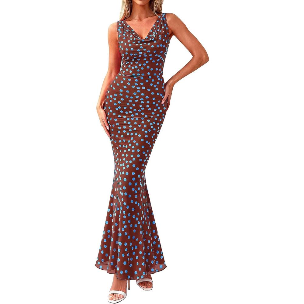 imagePRETTYGARDEN Womens Summer Wedding Guest Dress 2026 Spring Cowl Neck Mesh Bodycon Formal Cocktail Party Floral Maxi DressesPolka Dot Brown Blue