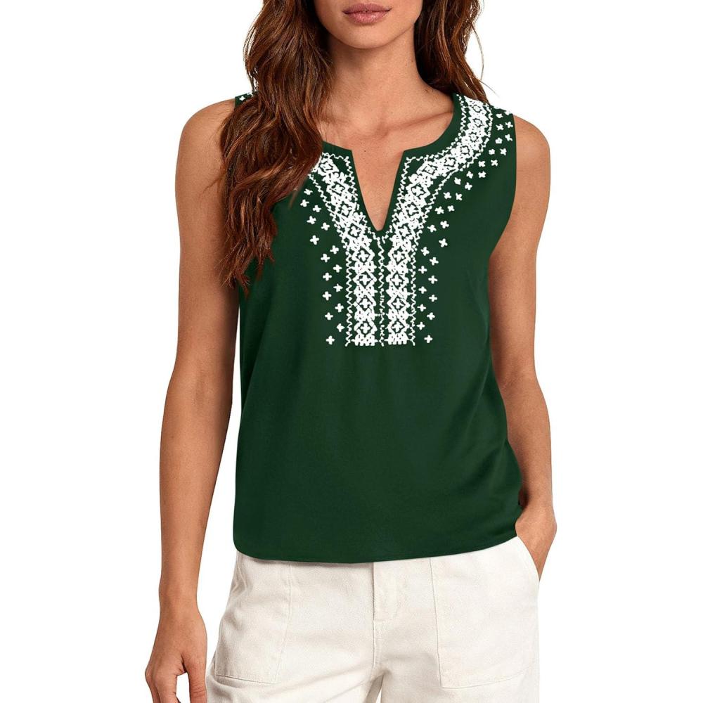 imagePRETTYGARDEN Womens Tank Tops 2026 Summer Causal V Neck Sleeveless Shirts Floral Print Embroidered Beach Vacation Boho TopDark Green