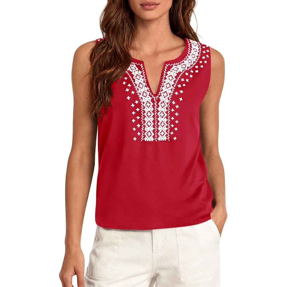 imagePRETTYGARDEN Womens Tank Tops 2026 Summer Causal V Neck Sleeveless Shirts Floral Print Embroidered Beach Vacation Boho TopRed