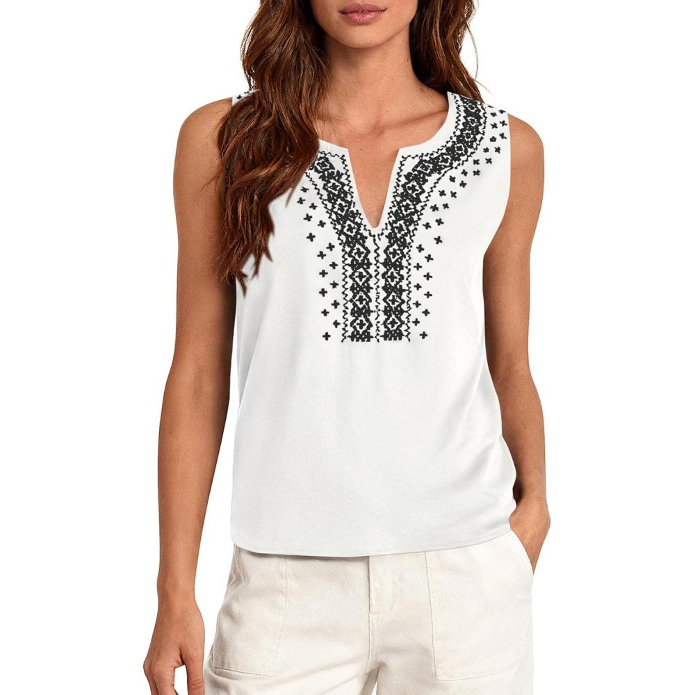 imagePRETTYGARDEN Womens Tank Tops 2026 Summer Causal V Neck Sleeveless Shirts Floral Print Embroidered Beach Vacation Boho TopWhite