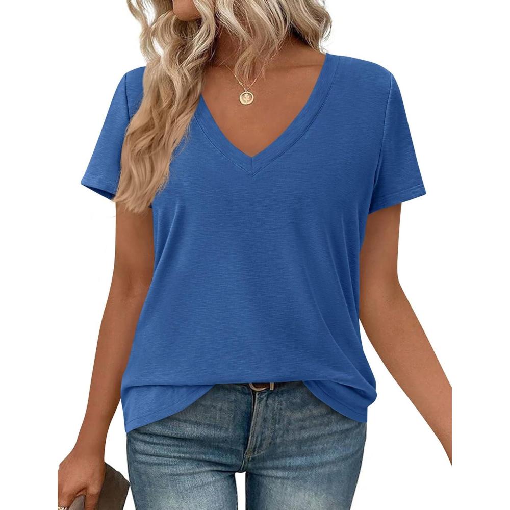 imagePRETTYGARDEN Womens Tops Short Sleeve Oversized Tshirts Shirts 2026 Summer Casual V Neck Loose Basic Tees Spring Tunic BlouseBlue